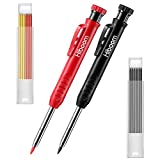 Hiboom 2 Pieces Solid Carpenter Pencil with 14 Refill, Long Nosed Deep Hole Mechanical Pencil Marker Marking Tool with Built-in Sharpener for Carpenter Woodworking Architect (Black, Red)