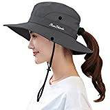 Muryobao Women Ponytail Summer Sun Hat Wide Brim UV Hats Floppy Bucket Cap for Safari Beach Fishing Gardening Pure Grey