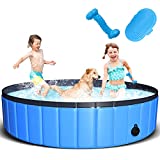 JUOIFIP Foldable Dog Pet Pool 63"x12" XXL Portable Pet Swimming Pool Kiddie Pool for Pets Hard Plastic Pet Bath Tub Indoor Outdoor Pool for Pets Large Dogs Cats and Kids (Bonus Brush+Chew Toy)