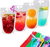 100 Pcs Drink Pouches for Adults with Straws, Hand-held Plastic Juice Bags Reusable Zipper Clear Drink Bags Smoothie Heavy Duty Juice Pouches for Cold Hot Drinks