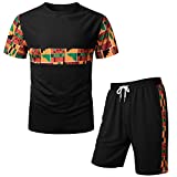 LucMatton Men's Summer 2 Piece African Pattern Printed T-Shirt and Shorts Set Sports Mesh Tracksuit Dashiki Outfits Black Large