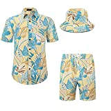 MCEDAR Men's Hawaiian Shirt and Short 2 Piece Vacation Outfits Sets Casual Button Down Beach Floral Shirts Suits with Bucket Hats 202133-XL