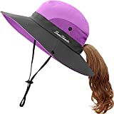 Kids UV Sun Hat with Ponytail Hole UPF 50 Bucket Cap for Girls Summer Beach  Fishing (M:5-12T(Head circumferences 20.6"-21.8"), Purple)