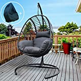 JOYBASE Hanging Egg Chair with Stand, Outdoor Wicker Rattan Egg Swing Chair with Stand and Cushion for Indoor Outdoor Bedroom Patio Garden (Grey/Black)