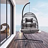 Indoor Outdoor Patio Wicker Hanging Chair Swing Egg Basket Chairs with Stand UV Resistant Cushions 350lbs Capaticy for Patio Backyard Balcony (Dark Gray)
