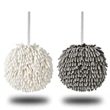 RINTATI 2 Packs of Bathroom Hand Towel Set Grey & White Chenille Fluffy Decorative Little Towel Ball Quick Dry Hanging Microfiber Absorbent Soft Towels with Loop For Kitchen Powder Room.