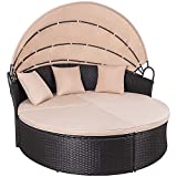 Kemon Patio Furniture Round Outdoor Daybed with Retractable Canopy Wicker Rattan Sectional Sofa for Lawn Garden Backyard Pool, Beige