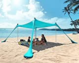 PETNOZ Beach Tent Canopy Sun Shade UPF50+, Easy Pop Up Anti-Wind Sun Shelter with Stability Poles/Carry Bag/Ground Pegs/Sand Shovel, Portable Sunshade for Beach Camping (Turquoise, 1010 FT 4 Pole)