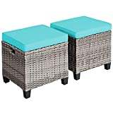 Tangkula 2 Pieces Patio Rattan Ottomans, Outdoor Wicker Footstool Footrest Seat with Soft Cushions and Steel Frame, All-Weather Patio Ottoman Set for Backyard Garden Poolside (Turquoise)