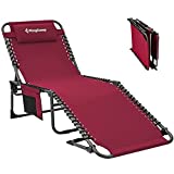 KingCamp Folding Outdoor Chaise Lounge Chair, 5-Position Adjustable for Beach, Sunbathing, Patio, Pool, Lawn, Lay Flat Portable Lightweight Heavy-Duty Camping Reclining Chair with Shoulder Strap, Wine