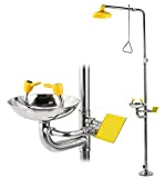 CGOLDENWALL Emergency Eye Wash Station with Shower Combination Eyewash Station Safety Shower Eye Washer, Stainless Steel bowl+Eyewash Sign, NPT Thread