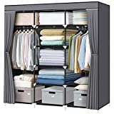 Portable Closet, LOKEME 55.5 Inch Wardrobe Closet for Hanging Clothes with 2 Hanging Rods, 9 Clothes Storage Organizer Shelves, Gray Closet Extra Durable, Quick and Easy to Assemble