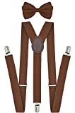 Trilece Suspenders for Men with Bow Tie Set - Adjustable Size Elastic 1 inch Wide Y Shape - Womens Suspenders with Bowtie -Wedding Suit Accesories- Strong Clips (Brown, 1)