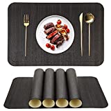 ALPIRIRAL Placemats Set of 4, Vinyl Washable Wipeable Place mats, Faux Leather Placemat for Dining Table, Waterproof Non-Slip Heat Resistant Table Place Mat, Outdoor Modern Wood Black, Easy Clean