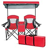 Safstar Double Camping Chair w/Shade Canopy, 2-Person Folding Camp and Beach Chair with Mini Table Beverage Cup Holder Carrying Bag for Garden Patio Pool Beach, Red