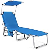 Giantex Outdoor Folding Chaise Lounge, Portable Reclining Chair with 5 Adjustable Positions, 360Rotatable Canopy Shade, Side Pocket, Patio Lounge Chair for Beach, Lawn Sunbathing Chair (1, Navy)