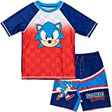SEGA Sonic The Hedgehog Big Boys Swim Rash Guard Swim Trunks Blue/Red 14-16
