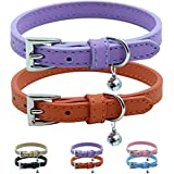 PUPTECK 2 PCS Soft Leather Cat Kitten Collar-Orange, Purple, Black, Khaki, Pink, Blue