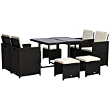 Outsunny 9 Piece Patio Wicker Dining Sets, Space Saving Outdoor Sectional Conversation Set, with Dining Table, Ottoman and Chair & Cushioned for Lawn Garden Backyard, Black