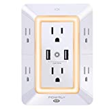Multi Plug Outlet, Surge Protector, POWRUI 6-Outlet Extender with 2 USB Charging Ports (2.4A Total) and Night Light, 3-Sided Power Strip with Adapter Spaced Outlets - WhiteETL Listed