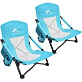 Oileus Low Beach Chair for Beach Tent & Shelter & Camping | Outdoor Ultralight Backpacking Folding Recliner Chairs with Cup Holder & Storage Bag, Carry Bag, Breeze Mesh Back, Compact Duty Blue 2 Pack