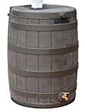 Good Ideas Rain Wizard 50 Gallon Plastic Outdoor Home Rain Barrel Water Storage Collector with Brass Spigot and Flat Back Design, Oak