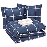 Amazon Basics 7-Piece Lightweight Microfiber Bed-in-a-Bag Comforter Bedding Set - Full/Queen, Navy with Simple Plaid