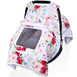 Baby Car Seat Cover, Infant Carseat Canopy with 2 Layers Windows, Breathable Mesh Peep Window, Kick-Proof Carrier Cover for Boys Girls, Windproof Stroller Cover Shower Gift for Newborn (Flower)