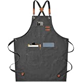 AFUN Chef Aprons for Men Women with Large Pockets, Cotton Canvas Cross Back Heavy Duty Adjustable Work Apron, Size M to XXL(Grey)