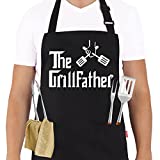 ALIPOBO BBQ Apron Funny Grill Aprons for Men Dad - The Grillfather - Mens Grilling Apron with 2 Pockets, Adjustable Neck Strap and 40" Long Ties - Black