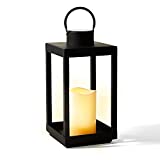 Solar Candle Holder Lantern - 14 Inch Tall, Matte Black Metal Frame, Waterproof Flameless Pillar Candle, Dusk to Dawn Timer, Large Size for Floor or Patio Decor, Battery Included