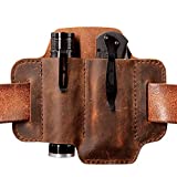 XL EDC Leather Belt Sheath Organizer for 4.5" - 5" Folded Knives Tactical Flashlights Tools, EDC Pocket Organizer Pouch for Regular EDC Knife, EDC Leather Sheath Holster. Chestnut.