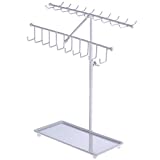 MyGift White Metal Jewelry Organizer Stand, 30-Hook Necklace Bracelet Hanger Display Rack with Ring Tray