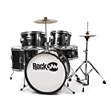 RockJam Complete 5-Piece Junior Drum Set with Cymbals, Drumsticks, Adjustable Throne and Accessories, Black, inch (RJ105-BK)