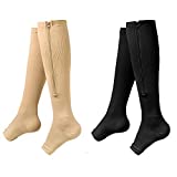 Zipper Compression Socks-2Pairs Calf Knee High Open Toe Compression Stocking (C- BLACK/NUDE, Large-X-Large)