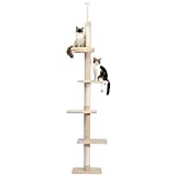 PETEPELA Cat Tree 5-Tier Floor to Ceiling Cat Tower Height Adjustable (95-107 Inches), Tall Kitty Climbing Activity Center with Scratching Post, Cozy Bed, Dangling Ball for Indoor Cats Upgraded Beige