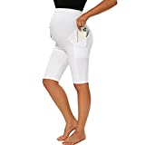 MAZUSPORTS Women's Maternity Yoga Shorts Over The Belly Active Comfy Biker Workout Running Athletic Shorts Side Pockets White, Medium