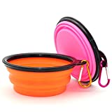 Collapsible Dog Bowl, 2 Pack Collapsible Dog Water Bowls for Cats Dogs, Portable Pet Feeding Watering Dish for Walking Parking Traveling with 2 Carabiners (Small, Orange+Pink)