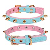 LOVPE Cat Collar/Dog Collar Golden Spiked Studded Double Layer Leather Pet Collars with Golden Rhinestone Buckle for Cats Puppy Small Medium Dogs (S(Neck for:11-13 Inch), Blue/Pink)