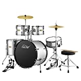 Drum Set Eastar 22 inch for Adults, 5 Piece Full Size Drum Kit Junior Beginner with Pedal Cymbals Stands Stool and Sticks, Metallic Silver