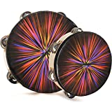 ZEAYEA 2 Pack Tambourine for Kids Adults, Hand Held Drums with Double Row Metal Jingles, Radiant Musical Educational Drum Instrument for Church, Games, Party, 8 Inch/ 10 Inch