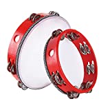 2Pack Wood Handheld Tambourine Drum, 8 & 10 Inch Tambourine for adults, Double Row Metal Jingle Bells Wooden Tambourines Musical Percussion Instrument for Party, KTV, Church, Red