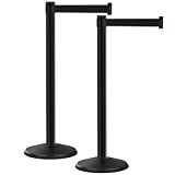 Retractable Belt Barrier 2pk, 40 Tall Crowd Control Stanchion Post, 10 Long Black Belt/Black Visiontron Prime Steel Queue Pole, Self-Straightening No-Tools Assembly