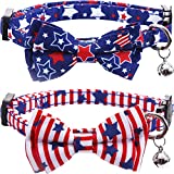 2 Pack American Flag Cat Collar with Bell Bow Tie Star Breakaway Adjustable for 4th of July Independence Day