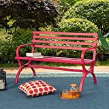 PHI VILLA Outdoor Garden Bench, 48 Long Metal Steel Bench with Backrest and Armrests, Modern Slatted Design for Patio, Lawn, Balcony, Yard, Porch and Indoor - Red