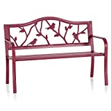 PHI VILLA Red Bird Garden Bench, 50 Metal Outdoor Bench with Backrest and Armrest for Yard, Lawn, Porch, Patio