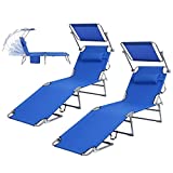 Goallim Beach Lounge Chairs 2PCS, Outdoor Folding Chaise Lounge with 5 Adjustable Positions, 360 Rotatable Canopy Shade, Pocket&Pillow, Portable Lightweight Sun Lounger for Sunbathing Pool Yard Patio