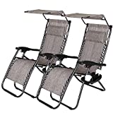 2 Pack Zero Gravity Chair, Folding Lounge Reclining W/Shade Canopy Deck Chaise with Adjustable Headrest Pillows, Cup Holder Tray and Carry Rope for Lawn Poolside Backyard Patio, Beach Camping (Gray)