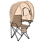 BrylaneHome Camp Chair with Canopy Shade Folding Chair, 2 Cupholders, Taupe Brown