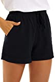 KINGFEN Womens Shorts Pull On Lounge Black Shorts for Women Casual Summer Beach Comfy Elastic Waist Drawstring Cotton Linen Short with Pockets Black X-Large